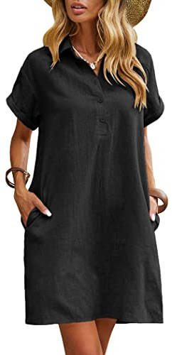 Zeagoo Robe d'été en lin pour femme, longueur genou, manches courtes, avec poches, robe de plage décontractée, robe chemise, Noir , M