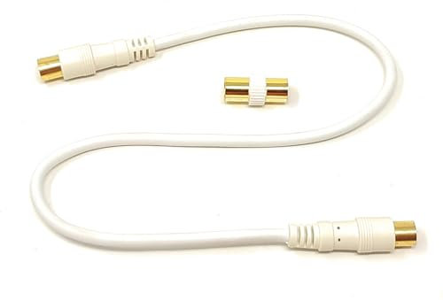 0.5m TV Aerial Coaxial Cable Male to Male, Satellite RF Antenna Coax RG59 Lead Gold Plated Connectors with Female Coupler (Straight, White, 0.5m)