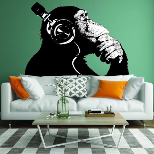 Banksy Wandtattoo Denkender Affe Kunst Aufkleber – DJ Schimpanse, der Denker Gorilla mit Kopfhörern, Home Decals 47 x 34 / links