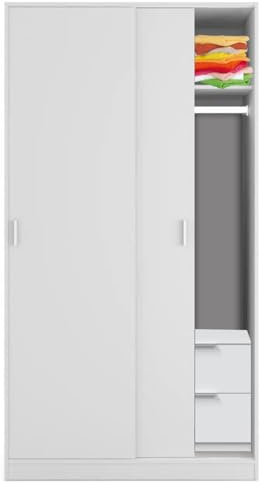 HABITMOBEL Armario Ropero con Cajonera Baño o Dormitorio de 2 Puertas Correderas, Acabado en Color Blanco, Dimensiones : 100 cm (Largo) x 50 cm (Ancho) x 200 cm (Altura)