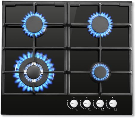 SNDOAS Gas Hob 4 Burners, NG/LPG Convertible, Black Glass Gas Cooker Hob with Wok Burner, Built-in Gas Hob with Flame Failure Protection, 8060W