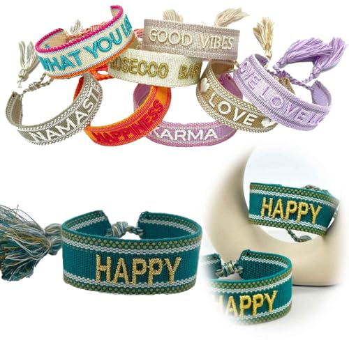 LS-LebenStil Exklusives Statement Armband Quasten besticktes Boho Canvas Webarmband (Happy Petrol Grün Gold)