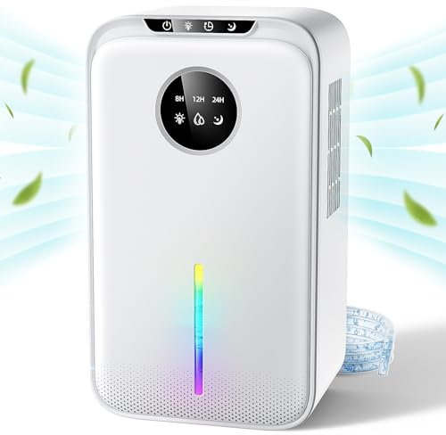 Dehumidifiers for Home, Dehumidifier for Bedroom, 2200ML Dehumidifier with Drainage Hose, Timer Auto Shut Off and 7 Colors Light, Quiet Dehumidifier for Wardrobe Damp