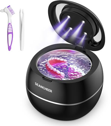 SEANCHEER Ultrasonic Cleaner | 48kHz | 24W | 180ML | Ultrasonic Retainer Cleaner Machine with U-V Light for | Retainer | Aligner | Denture | Night Guard | Jewelry | (Black)