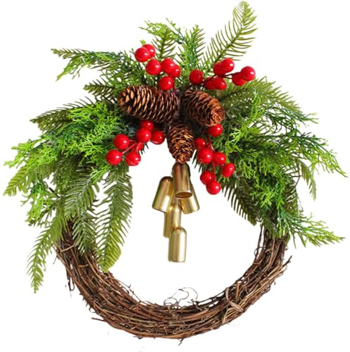 Weihnachtskranz Mit Glocken:34Cm KüNstlicher Deko Kranz TüRkranz Weihnachten Modern FüR HaustüR Und Wandfestliche Boho Kranz Mit Beeren Und Tannenzapfen Weihnachtsdekoration