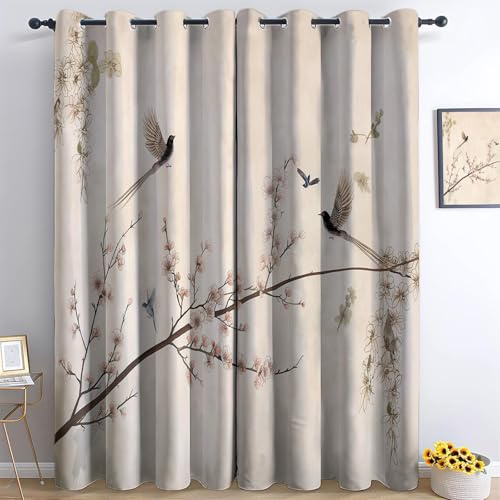 Blickdichte Vorhänge 2er Pack H 245 x B 100 cm – Creme Gardinen mit Ösen im orientalischen Blumen- und Vogel-Motiv, Thermovorhang mit Kälteschutz für Wohnzimmer Schlafzimmer Kinderzimmer Verdunkelung