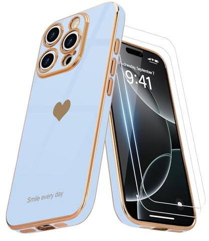 Teageo Cute Heart Girly Design Case for iPhone 16 Pro, Light blue | with 2 Screen Protectors, Luxury Bling Plating Phone Case, Soft TPU Cover, Shockproof Bumper, for Women Girls