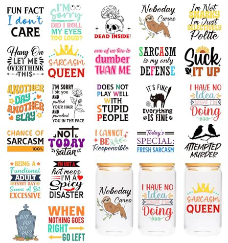 CozDazz UV DTF Cup Wraps, 20 Pcs Funny Waterproof Rub on Transfer Stickers for Glass Cups, Humorous Sarcasm Design for DIY Gifts, Office Use, Easy to Apply
