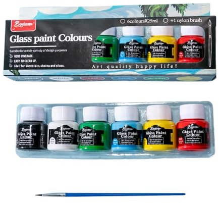 Glass Paints for Glass Painting, 6 Colours Glass Painting Kit with Glass Paint Pen, 25ml Non-toxic Paint for Glass Ceramic, Strong Covering Power for Glass, Crystal, Window and Wine Bottles