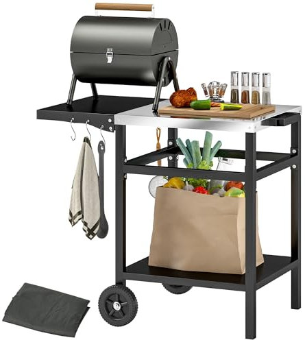 Outsunny Carrello Barbecue con Piano in Acciaio Inox e Ripiano Richiudibile, Tavolo Cucina da Esterno per Forno Pizza con Ruote, Maniglia, 6 Ganci e Copertura di Protezione, 91x58x76 cm, Nero