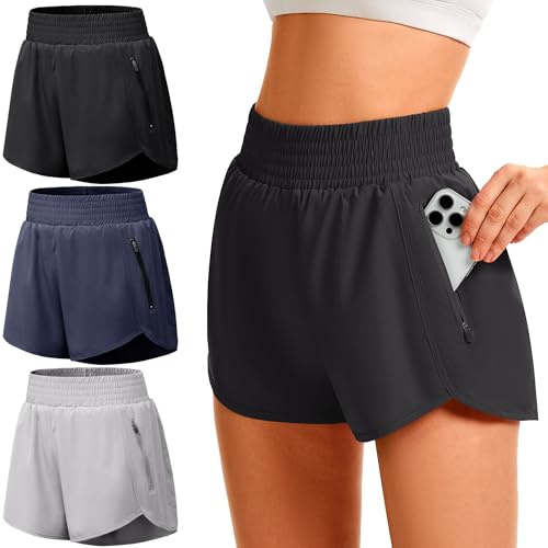 TVKSOM Womens Athletic Shorts High Waisted with Liner 2 Zipper Pockets,M