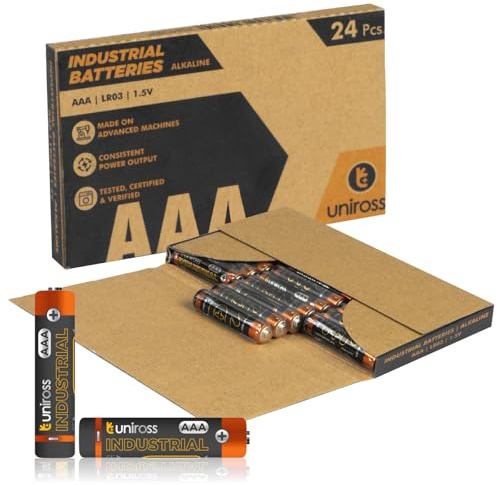 24 Pile Alcaline AAA / LR03 / Ministilo / 1,5V Uniross Industrial per Dispositivi Professionali Mouse Telecomandi Radio Torce e Giocattoli - Box da 24 Batterie