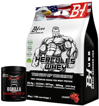 Black Hammer USA HERCULES Whey 3KG Erdbeere | 86,6g Protein/100g | Grass-Fed Molkenprotein + GRATIS BCAA 620g