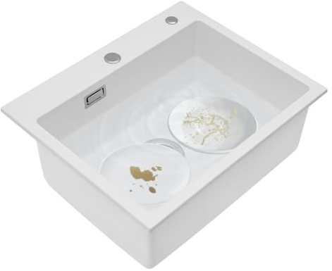 KüChenspüLe Aus Quarzstein 55X45Cm Einbau SpüLbecken 9 Zoll Tiefe SpüLe Mit ÜBerlauf Geruchsverschluss Ablaufventil FüR Unterbau Aufbau Arbeitsplatte KüChenspüLe (Weiß)