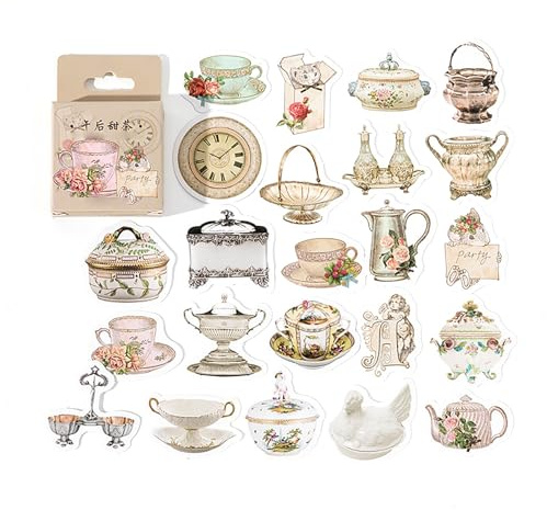 Acouto 46Pcs Tea Stickers, Self Adhesive Retro Stickers for Journaling, Scrapbooking, Perfect for Vintage Tea Party Decor