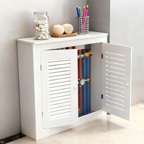 Cache-radiateur blanc avec 2 portes, protection de chauffage moderne et étagère de rangement, meuble autonome en bois pour la maison, le bureau, la salle de bain, blanc, 70 x 70 x 15 cm