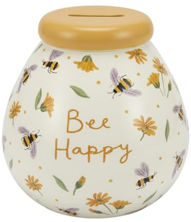Pot of Dreams Bee Happy Ceramic Money Box – Hand Painted Break to Open Savings Pot, Bee & Floral Design, Large Coin Bank Gift, Holds up to £1000 in £2 Coins, Cream Golden