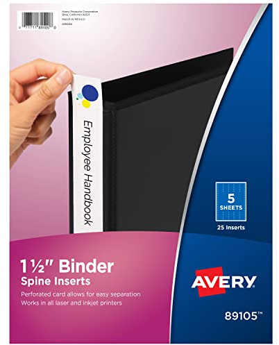 Avery 1.5 inch Binder Spine Inserts, Pack of 25 (89105), White