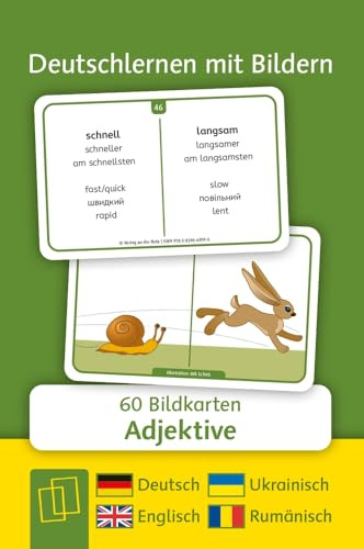 Adjektive - Deutsch, Englisch, Ukrainisch und Rumänisch: 60 Bildkarten (Deutschlernen mit Bildern)