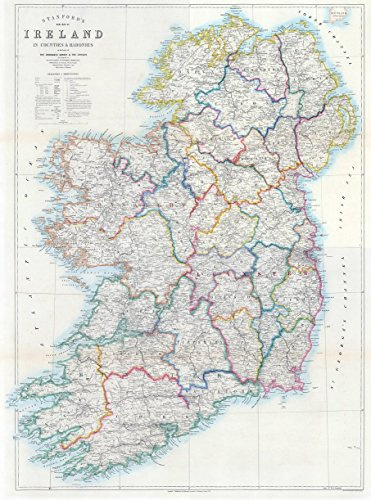 Stanford's Map of Ireland mit Counties and Baronies 19. Jahrhundert, Größe 59,4 x 80 cm