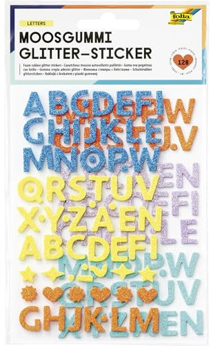 folia 23776 23776-Moosgummi Glitter-Sticker Letters, 128 Stück in 5 verschiedenen Farben, Buchstaben-Aufkleber zum Verzieren und Dekorieren
