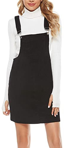 Tanming Women's Corduroy A Line Cute Jumper Pinafore Bib Overall Mini Dress Skirt (Black-L)