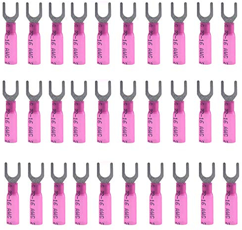 CEEYSEE 50PCS Heat Shrink Fork Connectors M5 Red 22-16 AWG Insulated Electrical Wire Crimp Connectors Terminal(RFH)