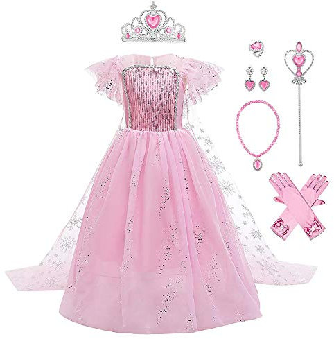 IWEMEK Filles Déguisements Princesse Elsa Robe Longue avec Cape + Accessoires Reine des Neige 2 Costume de Carnaval Halloween Noël Robes de fête d'anniversaire Enfants Rose Set 5-6 Ans