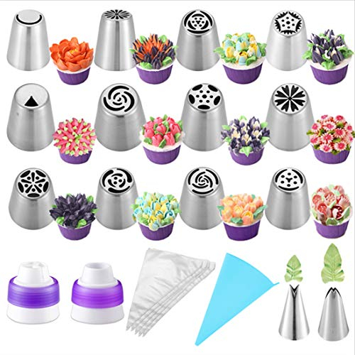 27-Pcs Russian Piping Tips Cake Decorating Supplies DIY Baking Supplies Set for Cupcake Cookies Birthday Party-12 Russian Nozzle 2 Leaf Piping Tips 2 Coverter 1 Pastry