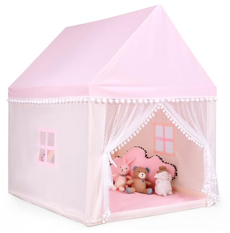 COSTWAY Kids Play Tent, Wood Frame Large Playhouse with Washable Mat and Windows, Indoor Outdoor Castle Fairy Tents for Children Boys & Girls Gift (Pink)