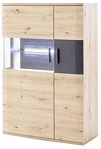 DELIFE Glasvitrine Farum Eiche Optik 90 x 130 cm Highboard 3 Türen