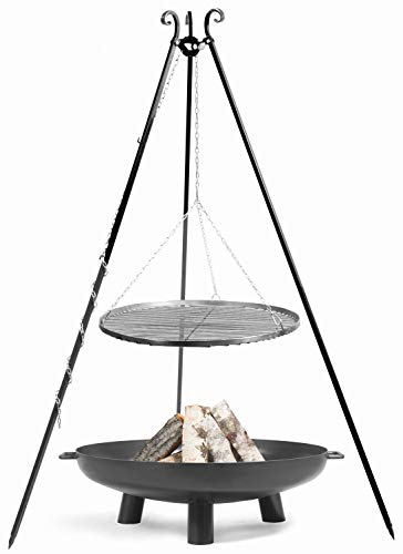 JS Garten Deko Set: Dreibein H 180 cm mit Grillrost Ø 80 cm Edelstahl + Feuerschale Bali Ø 100 cm Schwenkgrill CookKing