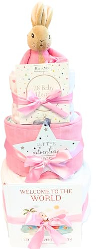 New Baby Girl Gifts for a Newborn Gift Set Flopsy Bunny - Pink 3 Tier Nappy Cake Baby Girl Gift Hamper Peter Rabbit Baby Shower Present & New Parent Gift