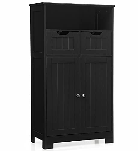 GIANTEX Badezimmerschrank, 60 x 30 x 109 cm, Badschrank mit 2 Türen & 2 Schubladen, Aufbewahrungsschrank für Badezimmer, Küche & Wohnzimmer (Schwarz, Modell B)
