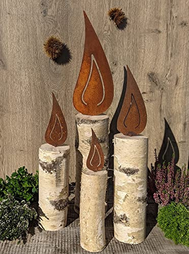 4er Set  Kerzen bestehend aus Metall-Flammen in Edelrost auf Birkenholz, je 1 x 64 cm, 50 cm, 42 cm, 32 cm hoch Rost Weihnachten Advent Kerze Deko