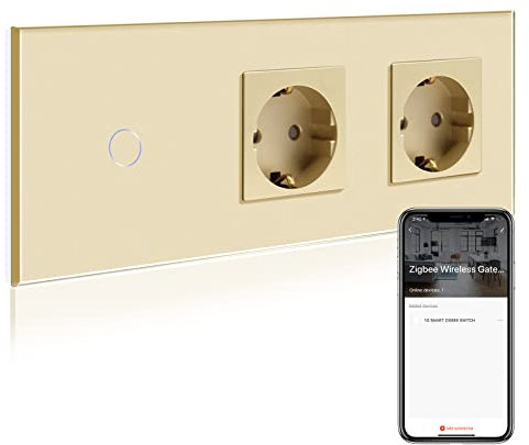 BSEED Normal enchufe doble con Smart ZigBee Interruptor de Luz,Compatible con Alexa y Google Home,Control de APP,1 Gang Interruptor de Luz con Enchufe Oro(Zigbee Gateway Hub Requerido)