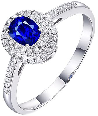 Daesar Eheringe 750 Weißgold Damen, Ring Nickelfrei Halo mit Oval Saphir 0.36ct Verlobungsringe Weißgold mit Diamant Größe 56 (17.8)