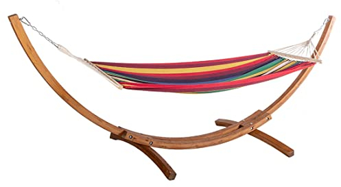 OUTLIV. Hängematte mit Gestell, aus Eukalyptus, Gartenmöbel, buntes Mischgewebe, robust und witterungsbeständig, inkl. Metallkette, 316x120x120 cm, bis 100 kg