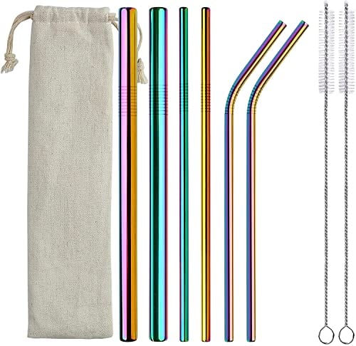 6Pcs Stainless Steel Metal Straw Set Boba Straws Big Reusable Slushie Cup Straws with 2 Brush Cleaner for Bubble Tea Milkshake Smoothie 2 Straight Straws + 2 Bent Straws + 2 Boba Straws 12mm
