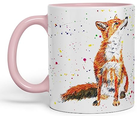 Vixar Tazza colorata con disegno dipinto a mano, motivo: volpe della fauna selvatica britannica, idea regalo per compleanno, lavoro, ufficio, Natale, tè, caffè (rosa)