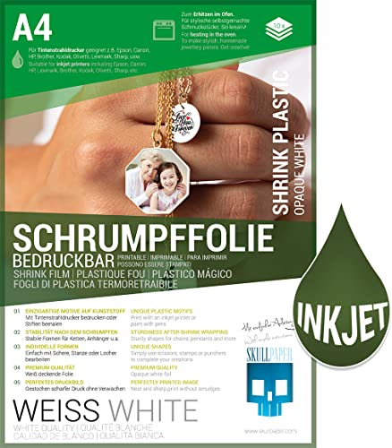 SKULLPAPER® Schrumpffolie - Bedruckbar, Beschreibbar, Bemalbar, Bestempelbar für individuellen Schmuck und mehr (A4-10 Blatt) (Weiss)