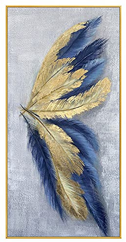 Ölbilder Auf Leinwand Handgemalt, Moderne Blaue Textur Goldfolie Feder Luxus Abstrakte Kunstwerke Rahmenlose Original Handgemalte Ölgemälde Auf Leinwand Wandkunst Für Wohnzimmer Schlafzimmer B