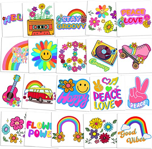 Zayvor 60 Bunte Hippie Tattoo Temporäre Tätowierung Hippie Aufkleber Flower Power Peace Haut Tattoos Groovy Tattoos Gesichtstattoos, Fasching 60's 70's Party Für Liebes- Und Friedenszeichen
