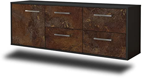 Lqliving TV-Board Lowboard Denver, Wandmontiert, Korpus in anthrazit matt, Front im antik rostigen Industrie-Design (136x47x35cm), mit Metall Griffen, Made in Germany