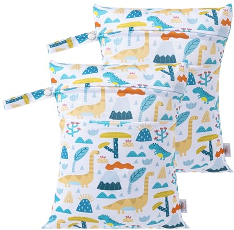 HBselect 2 Stück Nasstasche Wetbag Kindergarten wiederverwendbar Wet Dry Bag Windeltasche Nassbeutel Personalisiert for Baby Cartoon Dinosaurier