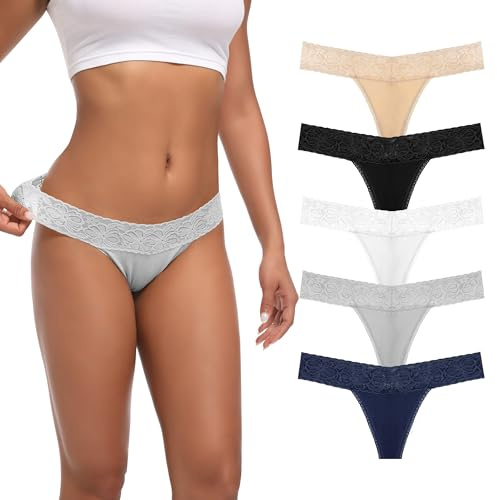 Auithery Tangas para Mujer, Sexy, de Encaje, de algodón, cómodas, Suaves, Tangas de Tanga, Tallas XS-4XL, Paquete de 5