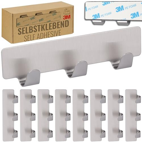 RICOO Hakenleiste mit 3 Haken, Handtuchhaken ohne Bohren, 9 Stück, Kleiderhaken Selbstklebend, MH020-9, Badezimmerhaken, 12 cm, Klebehaken, Wandhaken, Haken zum Kleben, Edelstahl, Silber