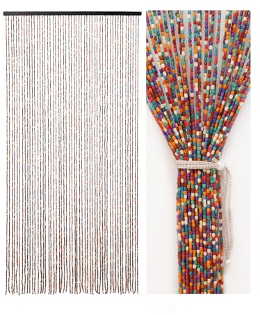 Ezcasch 90x190cm Perlenvorhang Türvorhang als Balkontür Dekoration 52 Stränge Bohemian-Stil Bambusvorhang Handarbeit aus Holzperlen für Fenster/Zimmer, Bunt Regenbogen