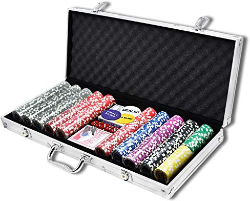 JNGLGO Pokerkoffer 500 Laser Pokerchips Pokerset mit 2 Pokerdecks, 5 Würfel, Dealer Button, Abschließbar Aluminiumkoffer Silber