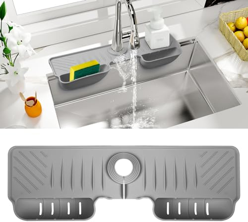 OKeanu Tapis de Protection Anti-Éclaboussures en Silicone pour Évier de Cuisine - Tapis de Drainage Autour du Robinet avec Poignée et Plateau Récupérateur